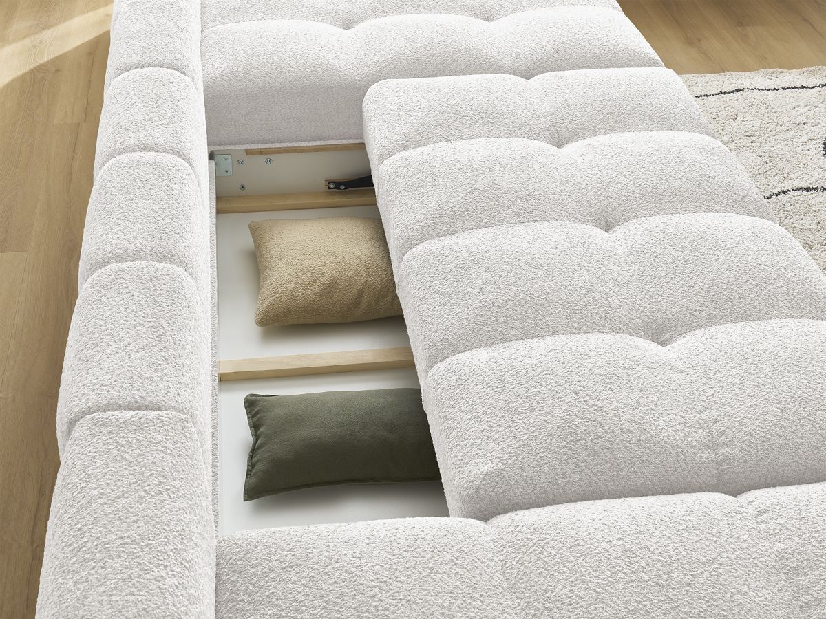 Canapé panoramique convertible coffre ANAKIN tissu bouclette avec pouf