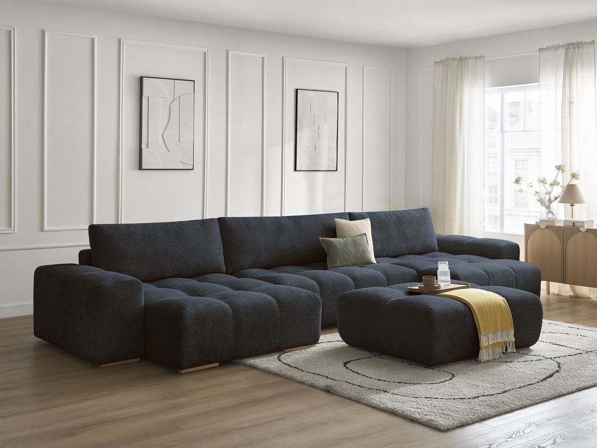 Canapé panoramique convertible coffre ANAKIN tissu bouclette avec pouf