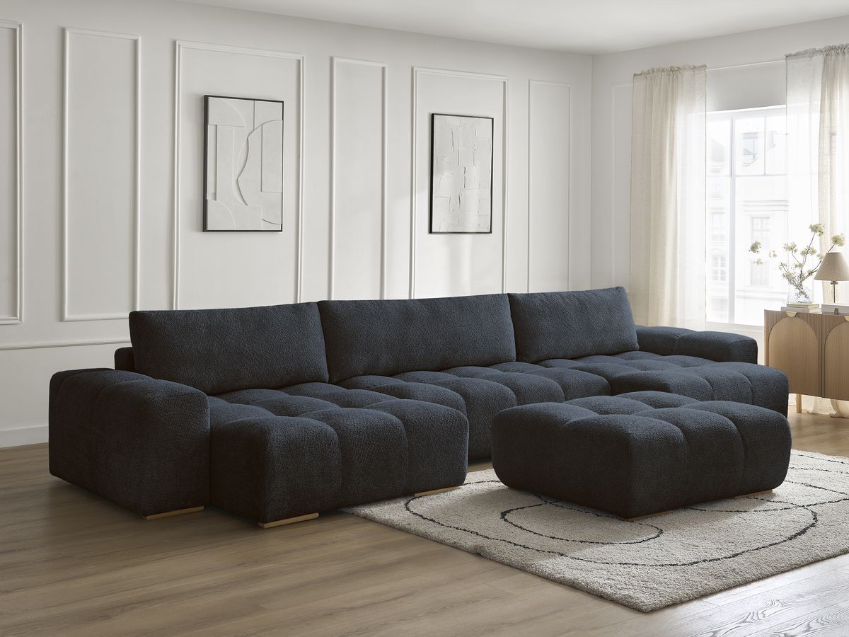 Canapé panoramique convertible coffre ANAKIN tissu bouclette avec pouf