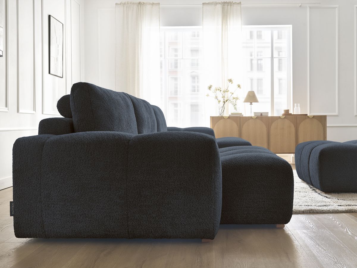 Canapé panoramique convertible coffre ANAKIN tissu bouclette avec pouf