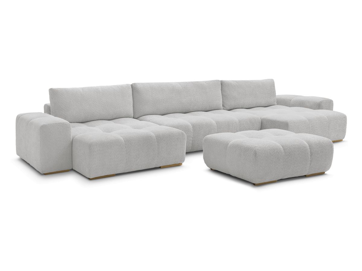 Canapé panoramique convertible coffre ANAKIN tissu bouclette avec pouf
