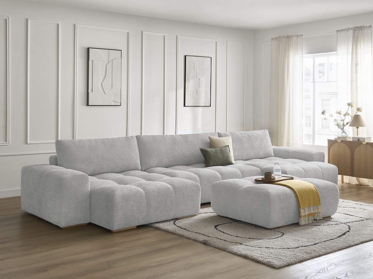 Canapé panoramique convertible coffre ANAKIN tissu bouclette avec pouf