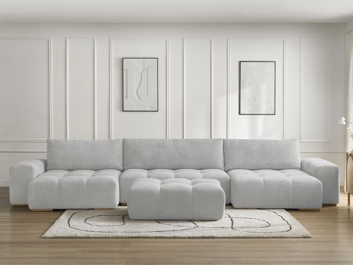 Canapé panoramique convertible coffre ANAKIN bouclette avec pouf gris clair — vue 5