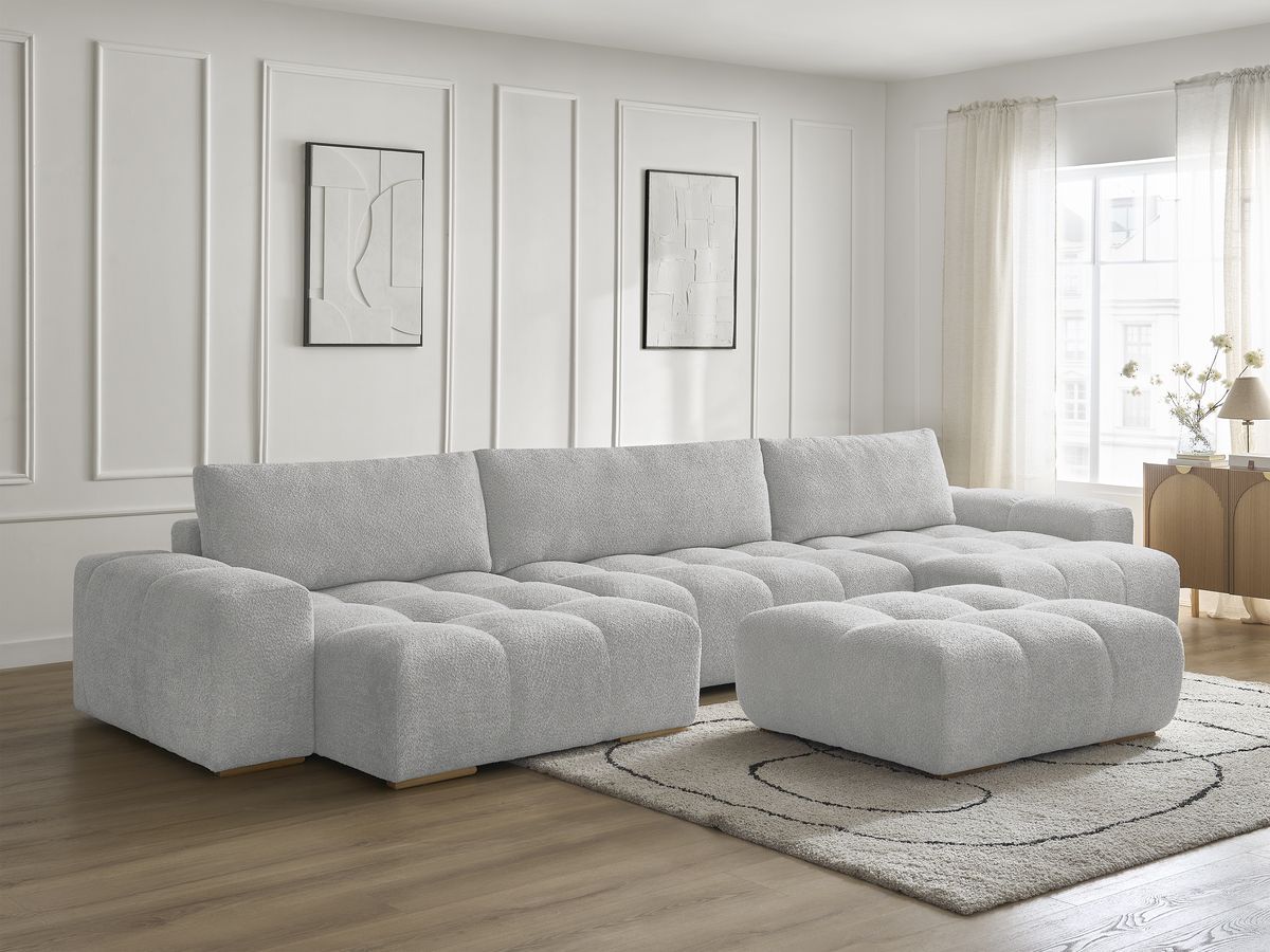 Canapé panoramique convertible coffre ANAKIN tissu bouclette avec pouf