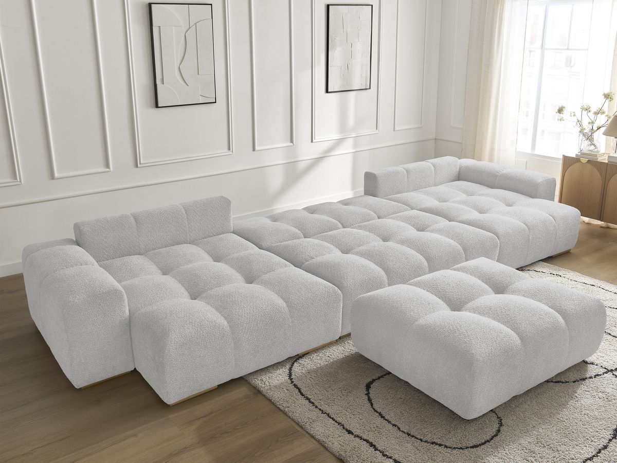 Canapé panoramique convertible coffre ANAKIN tissu bouclette avec pouf