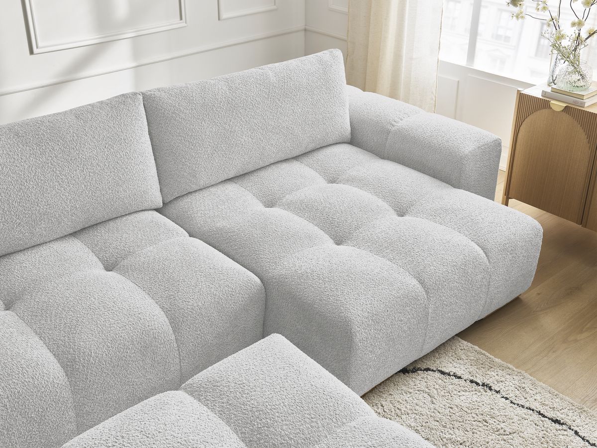 Canapé panoramique convertible coffre ANAKIN tissu bouclette avec pouf