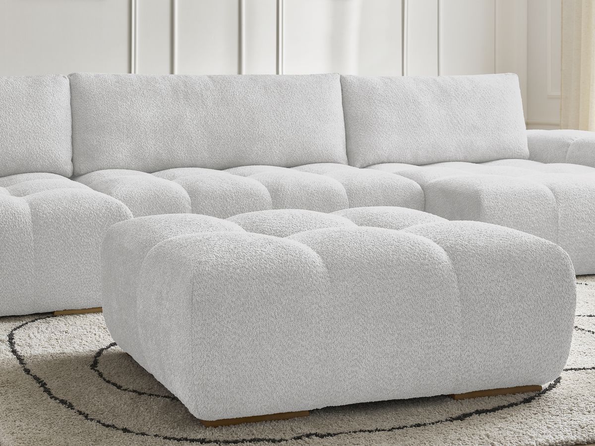 Canapé panoramique convertible coffre ANAKIN tissu bouclette avec pouf