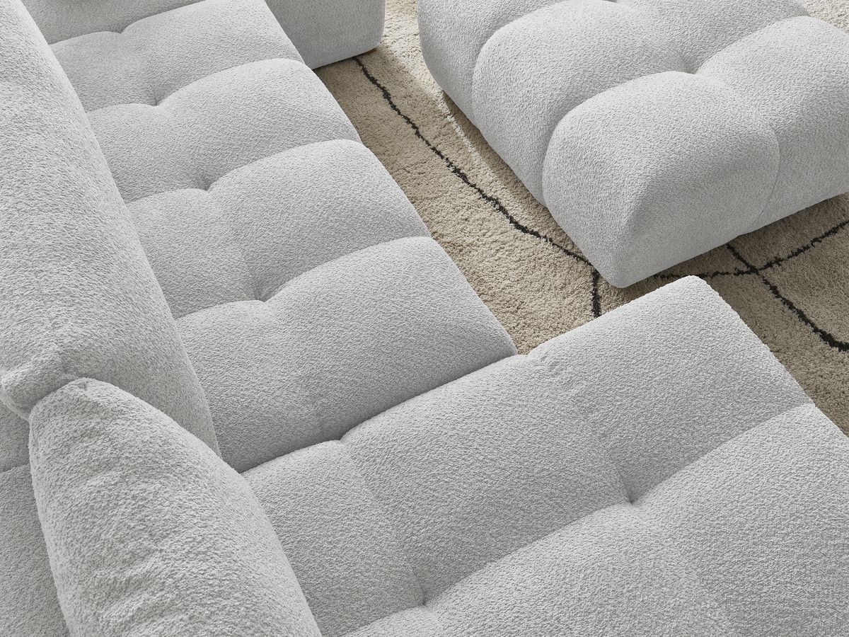 Canapé panoramique convertible coffre ANAKIN tissu bouclette avec pouf