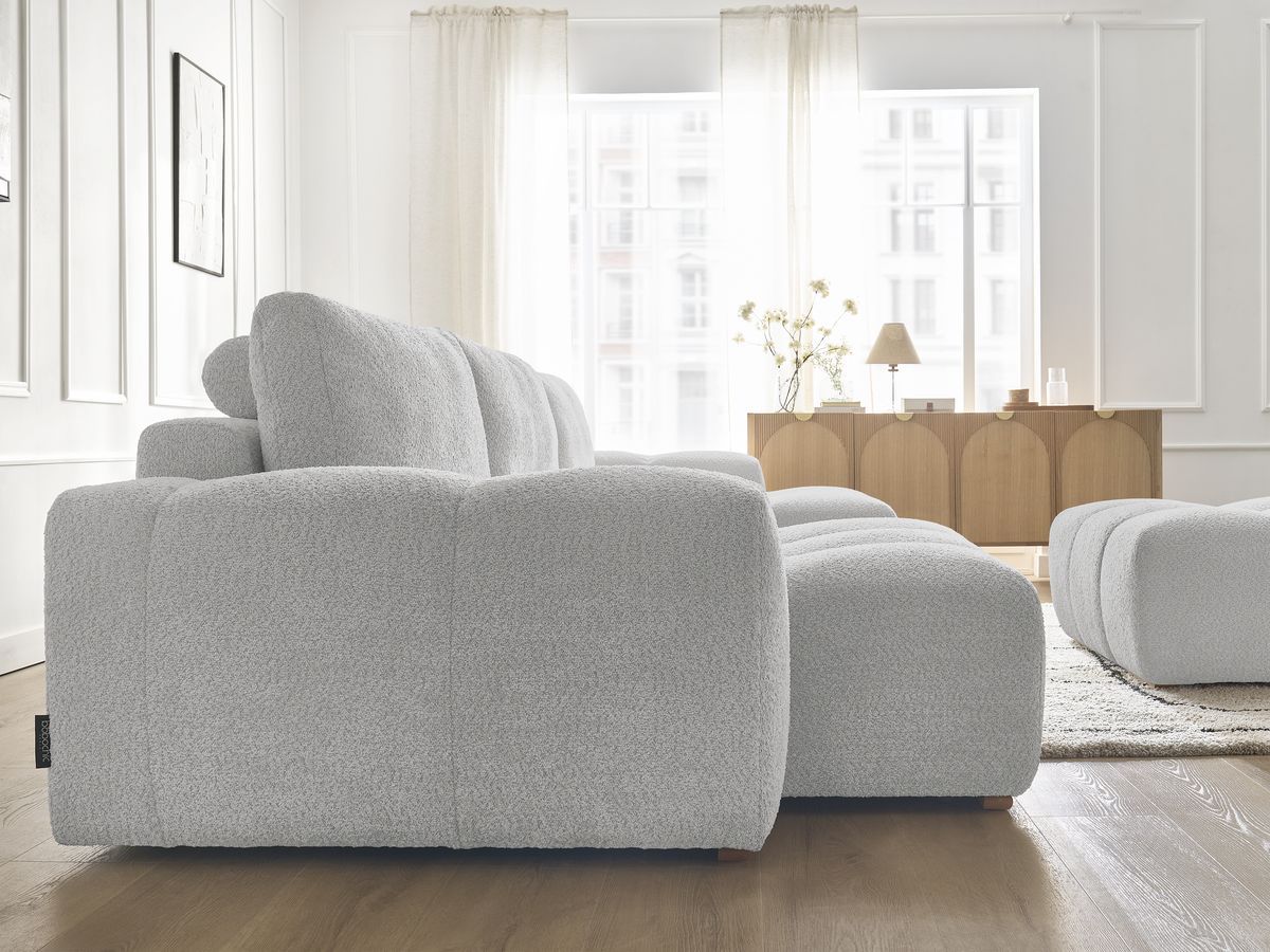 Canapé panoramique convertible coffre ANAKIN tissu bouclette avec pouf