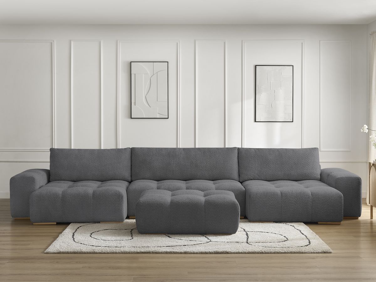 Canapé panoramique convertible coffre ANAKIN bouclette avec pouf gris foncé — vue 5