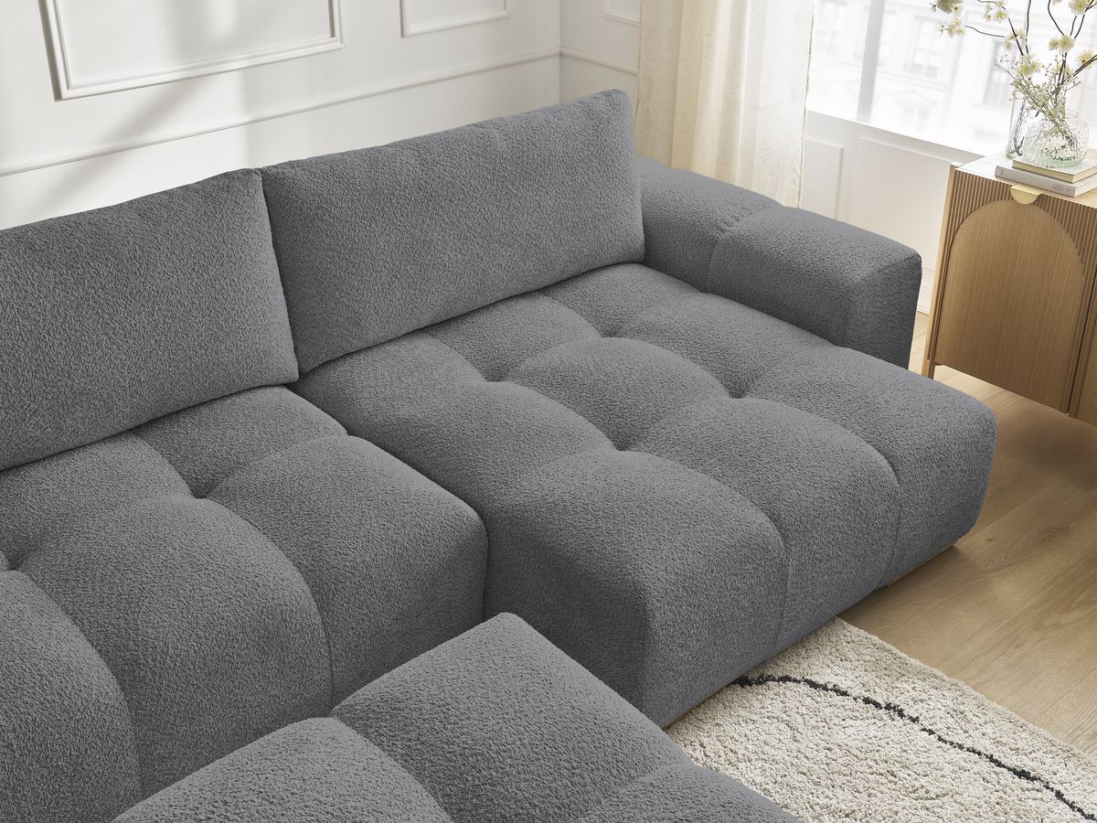 Canapé panoramique convertible coffre ANAKIN tissu bouclette avec pouf
