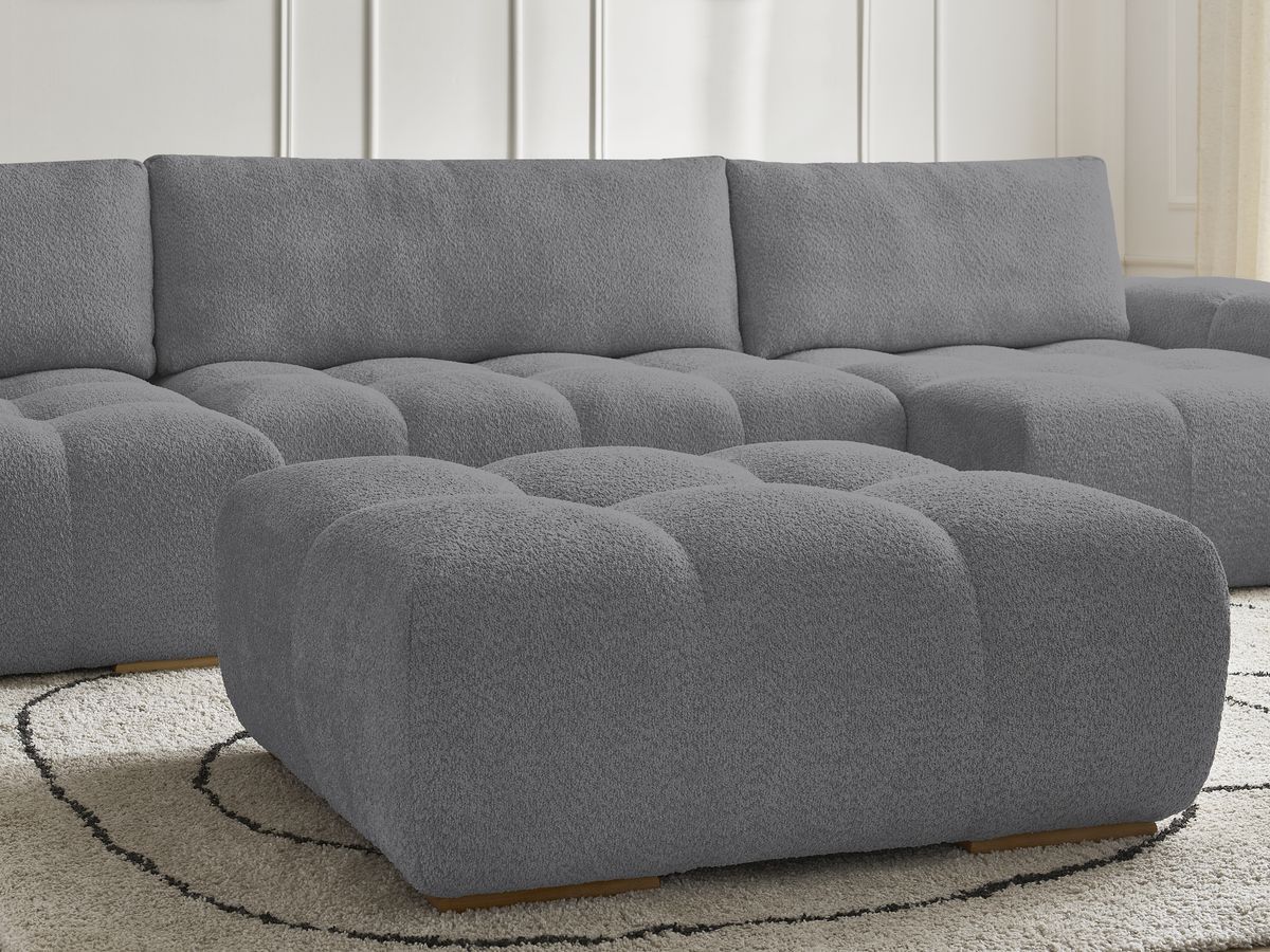 Canapé panoramique convertible coffre ANAKIN tissu bouclette avec pouf