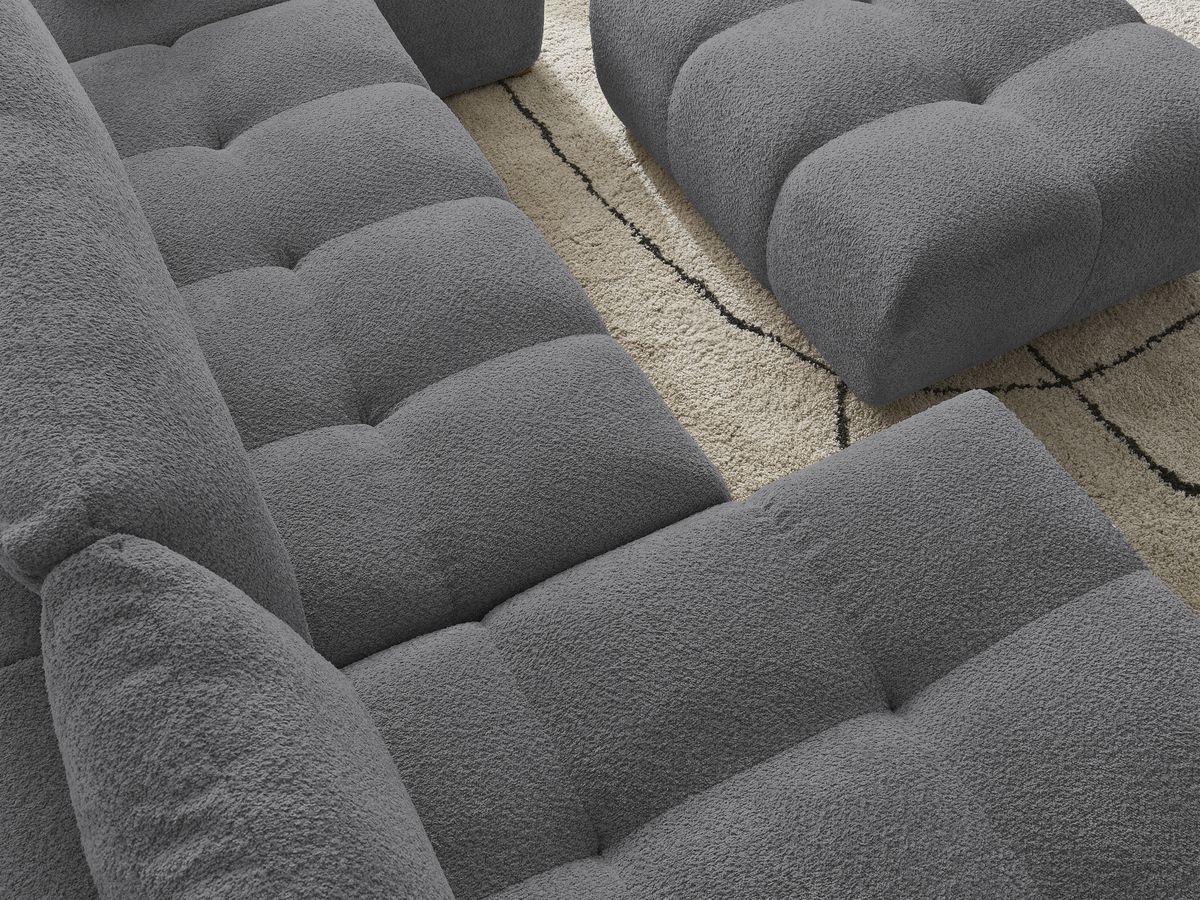 Canapé panoramique convertible coffre ANAKIN tissu bouclette avec pouf