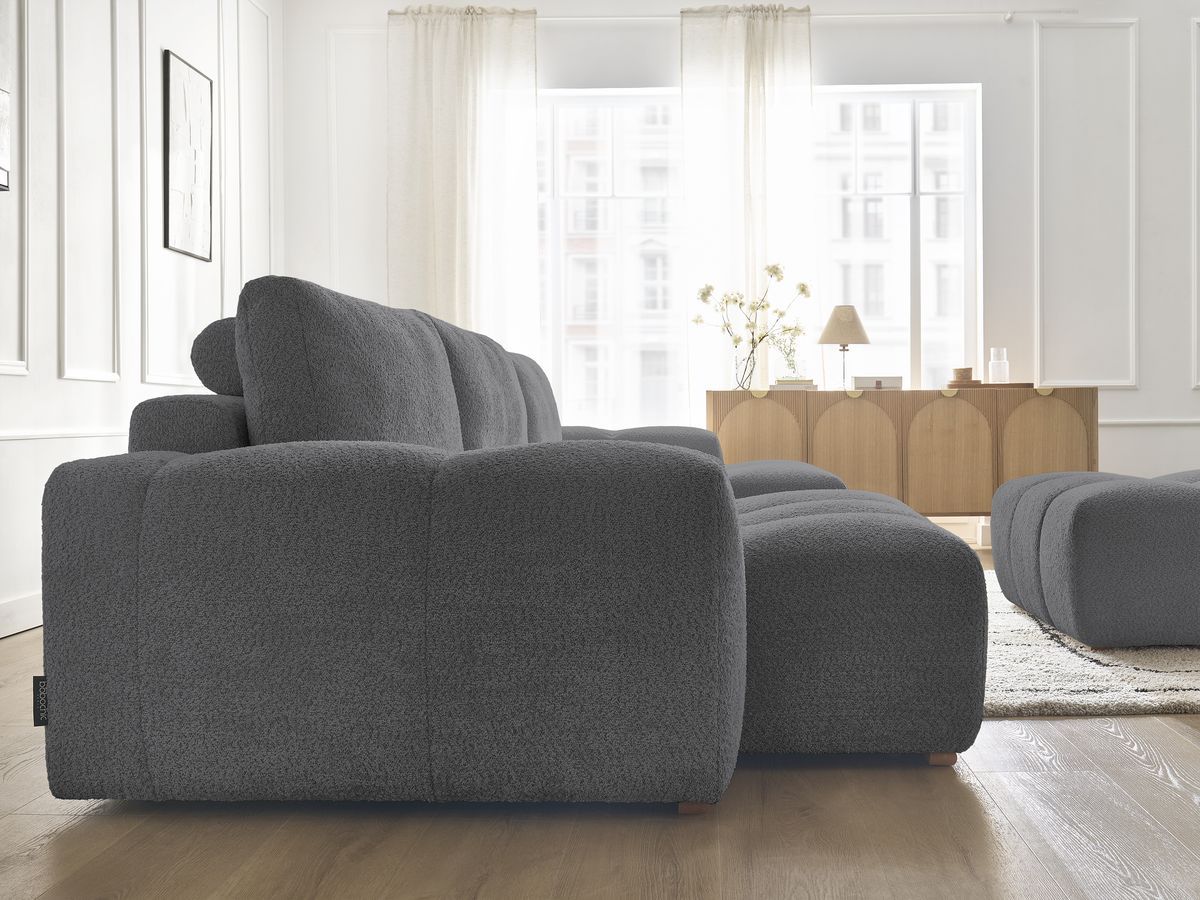 Canapé panoramique convertible coffre ANAKIN tissu bouclette avec pouf