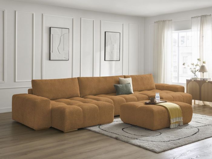 Canapé panoramique convertible coffre ANAKIN tissu bouclette avec pouf