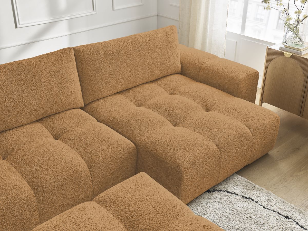 Canapé panoramique convertible coffre ANAKIN tissu bouclette avec pouf