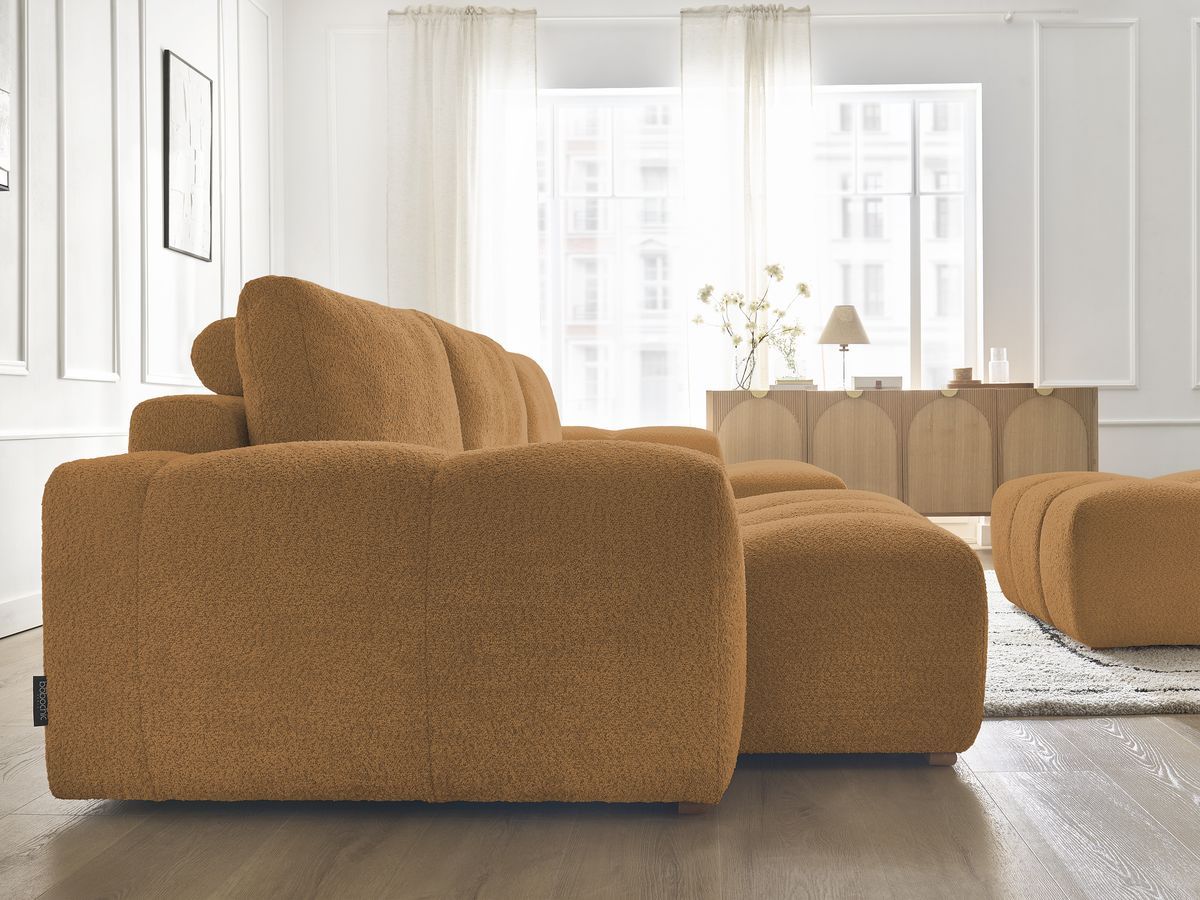 Canapé panoramique convertible coffre ANAKIN tissu bouclette avec pouf