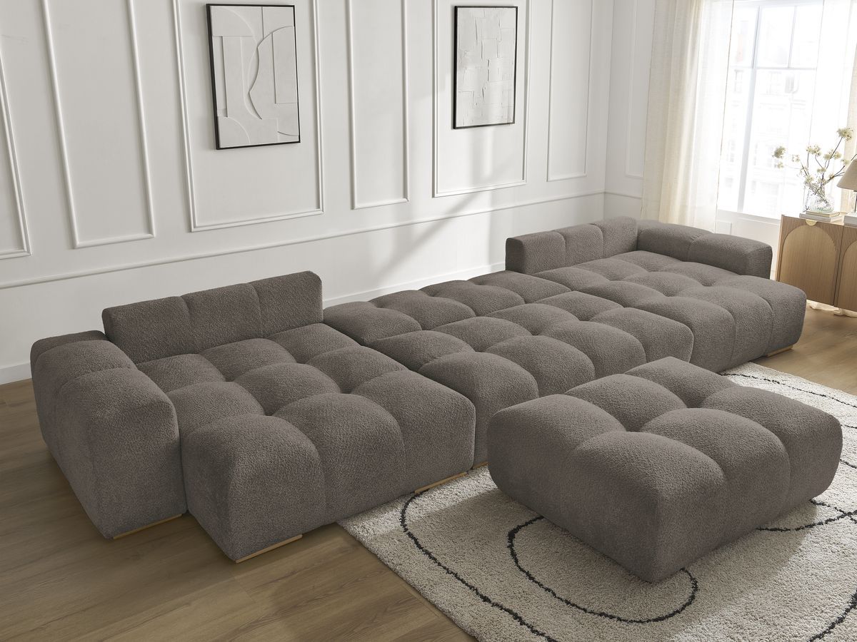 Canapé panoramique convertible coffre ANAKIN tissu bouclette avec pouf