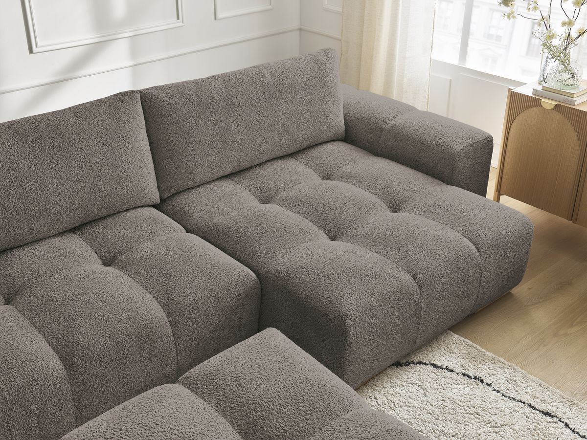 Canapé panoramique convertible coffre ANAKIN tissu bouclette avec pouf