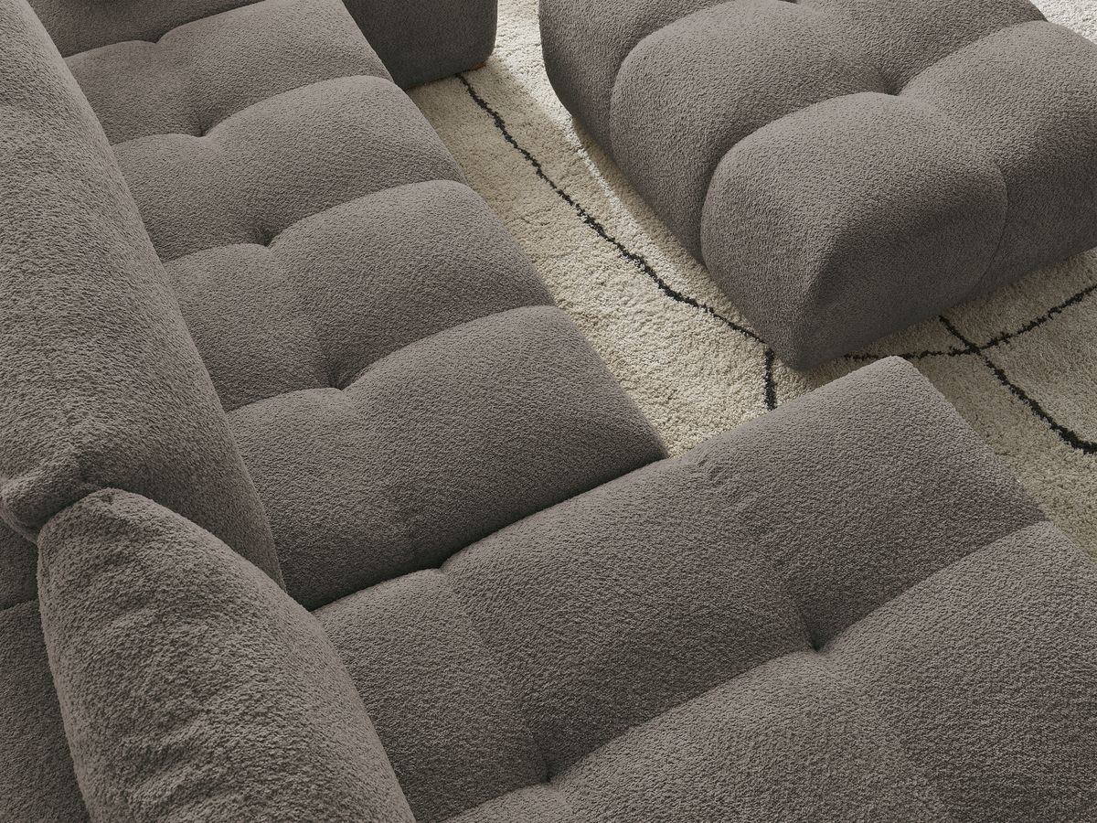 Canapé panoramique convertible coffre ANAKIN tissu bouclette avec pouf