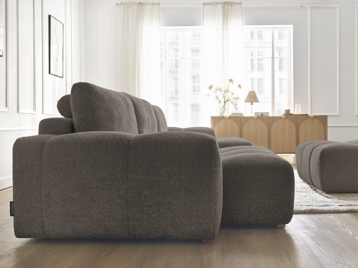 Canapé panoramique convertible coffre ANAKIN tissu bouclette avec pouf
