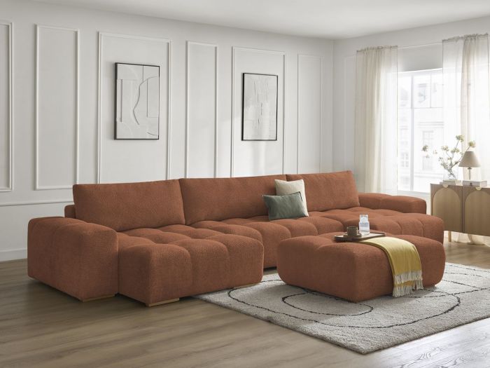 Canapé panoramique convertible coffre ANAKIN tissu bouclette avec pouf