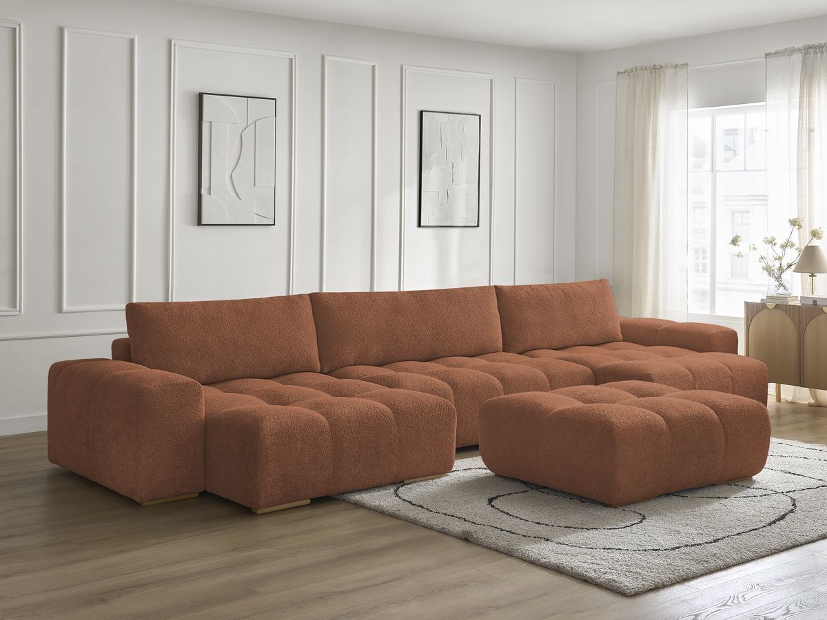 Canapé d'angle fixe EVEREST tissu chiné - Orange - Angle droit - 10 coussins