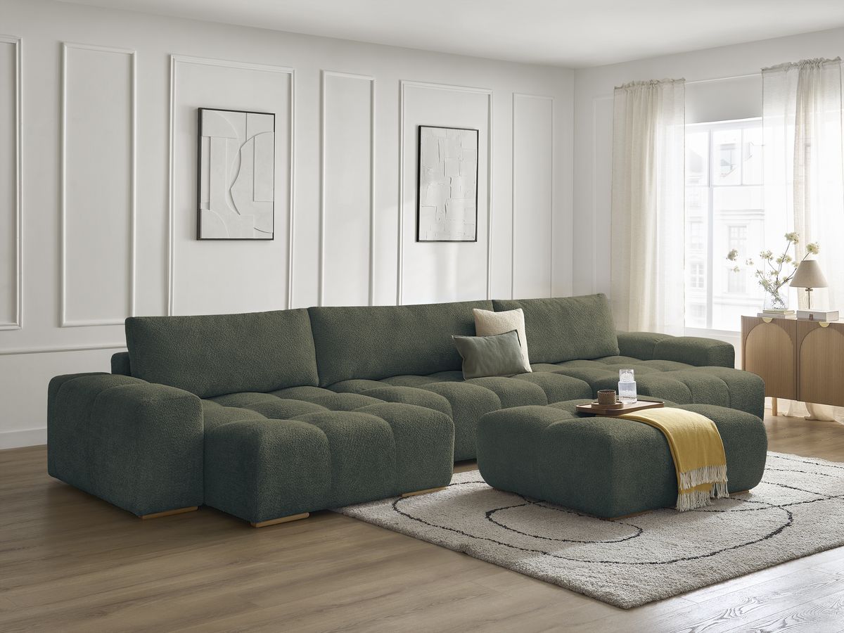 Canapé panoramique convertible coffre ANAKIN tissu bouclette avec pouf