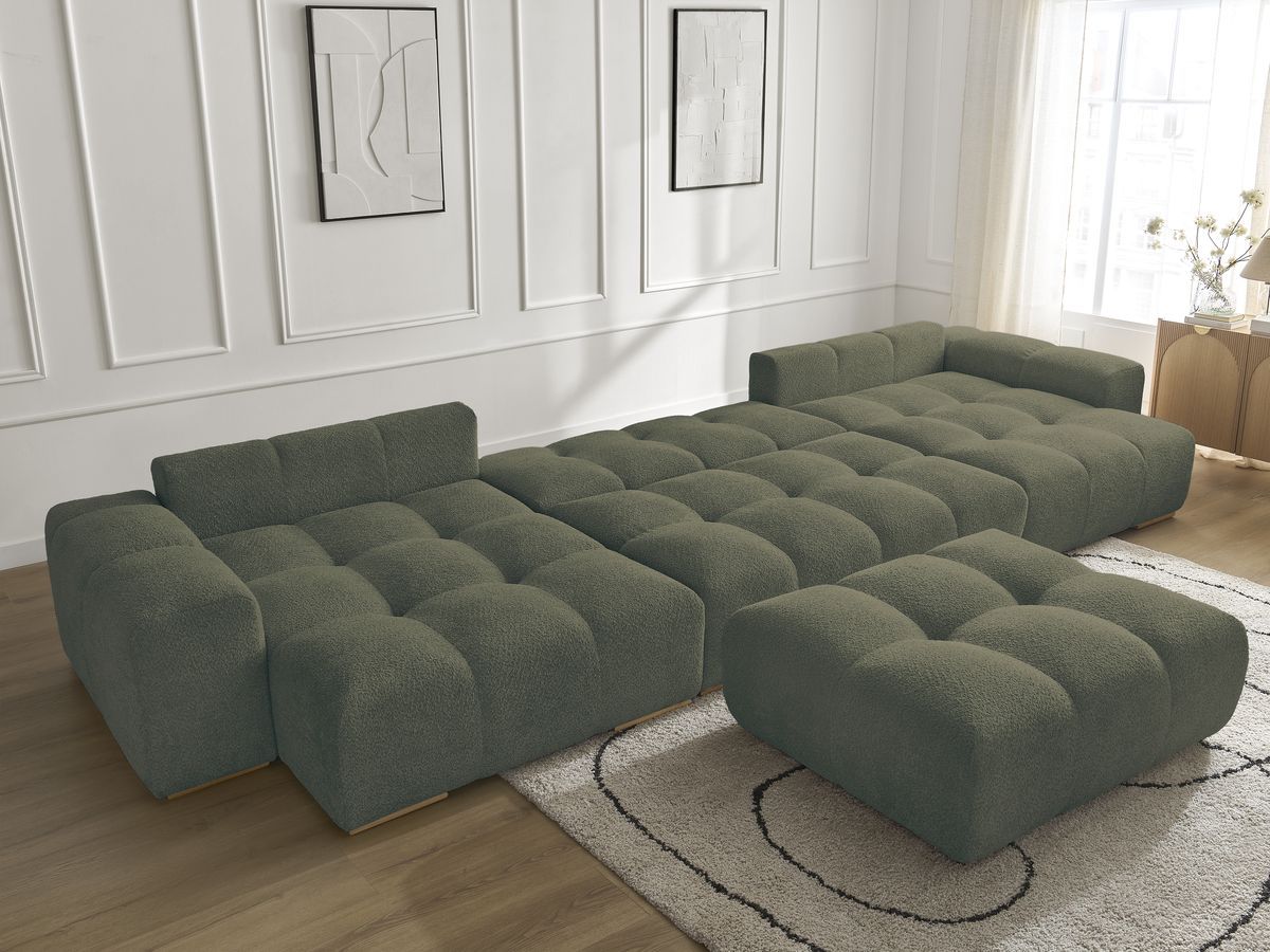 Canapé panoramique convertible coffre ANAKIN tissu bouclette avec pouf