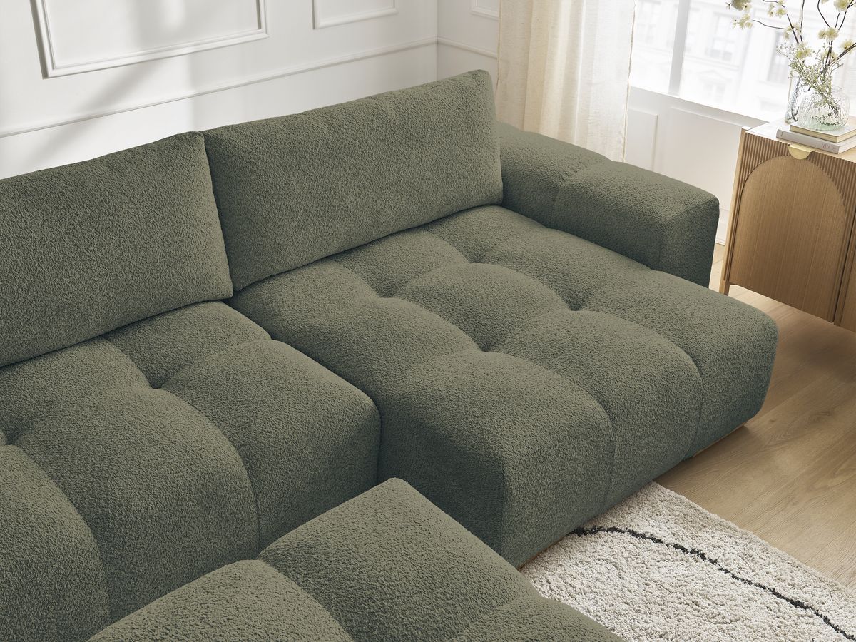 Canapé panoramique convertible coffre ANAKIN tissu bouclette avec pouf