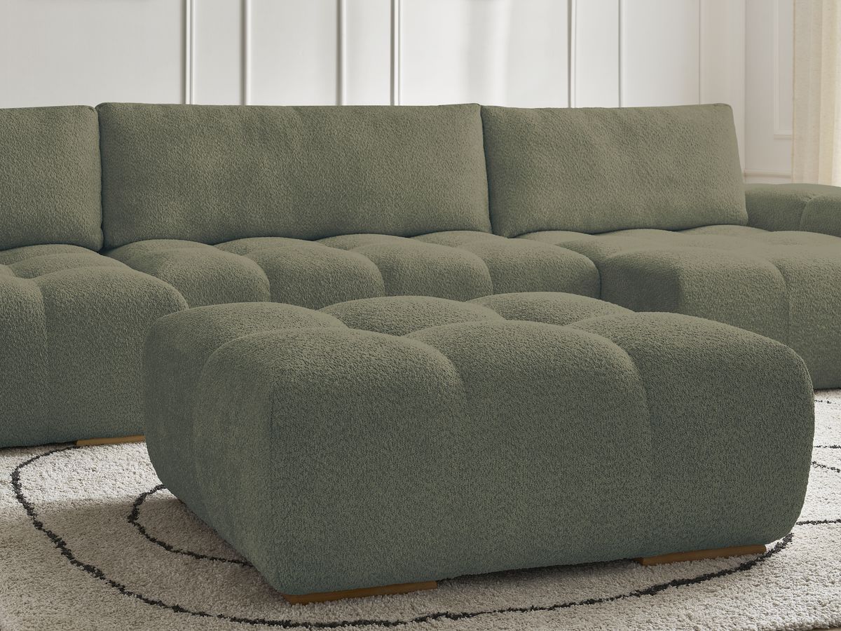 Canapé panoramique convertible coffre ANAKIN tissu bouclette avec pouf
