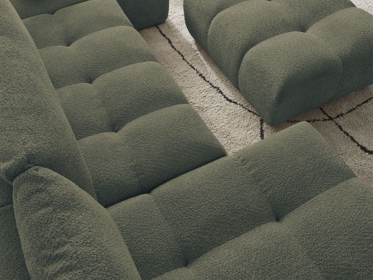 Canapé panoramique convertible coffre ANAKIN tissu bouclette avec pouf