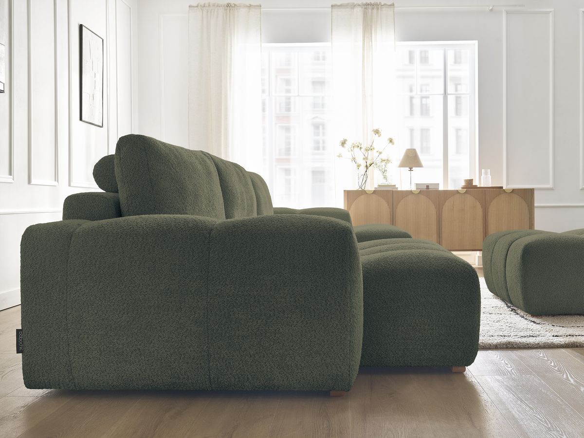 Canapé panoramique convertible coffre ANAKIN tissu bouclette avec pouf