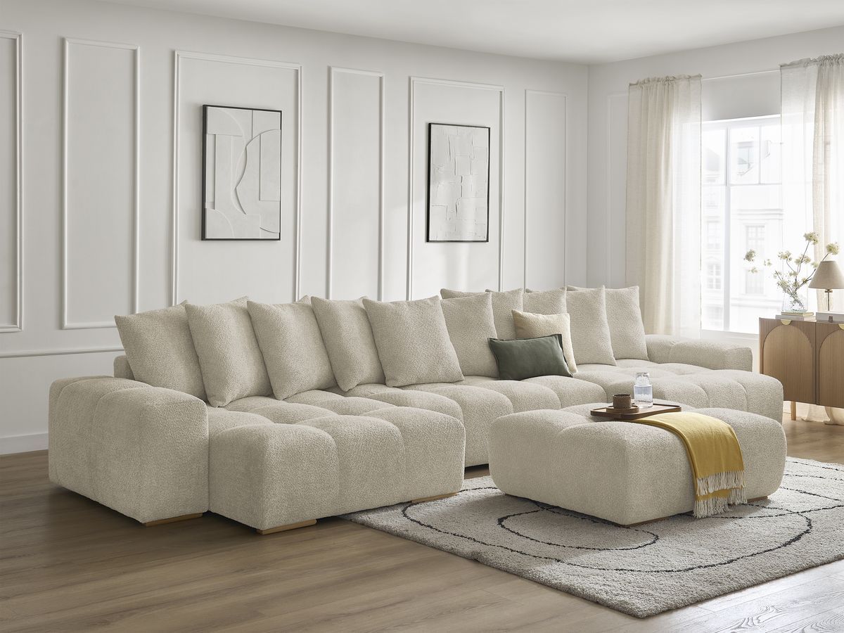 Canapé panoramique convertible coffre ANAKIN tissu bouclette avec pouf