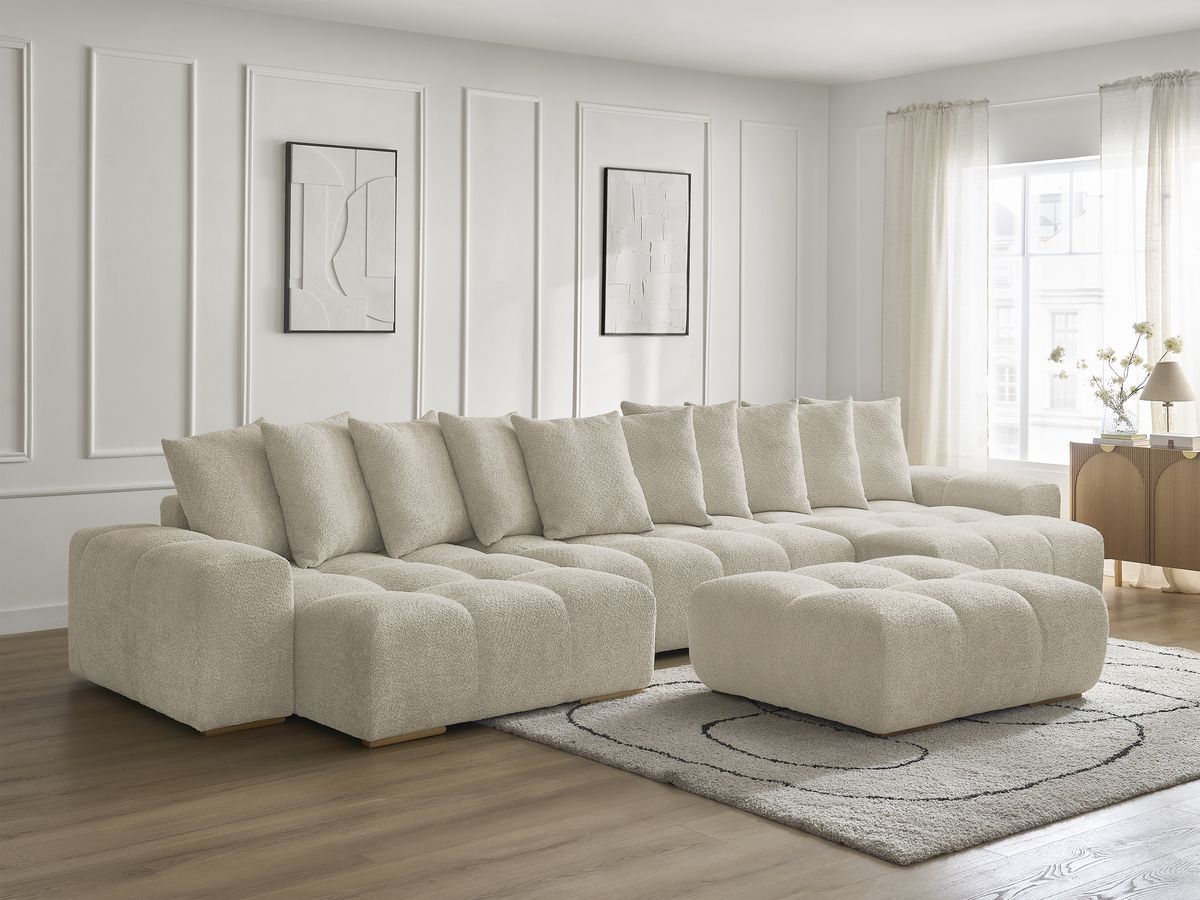 Canapé panoramique convertible coffre ANAKIN tissu bouclette avec pouf