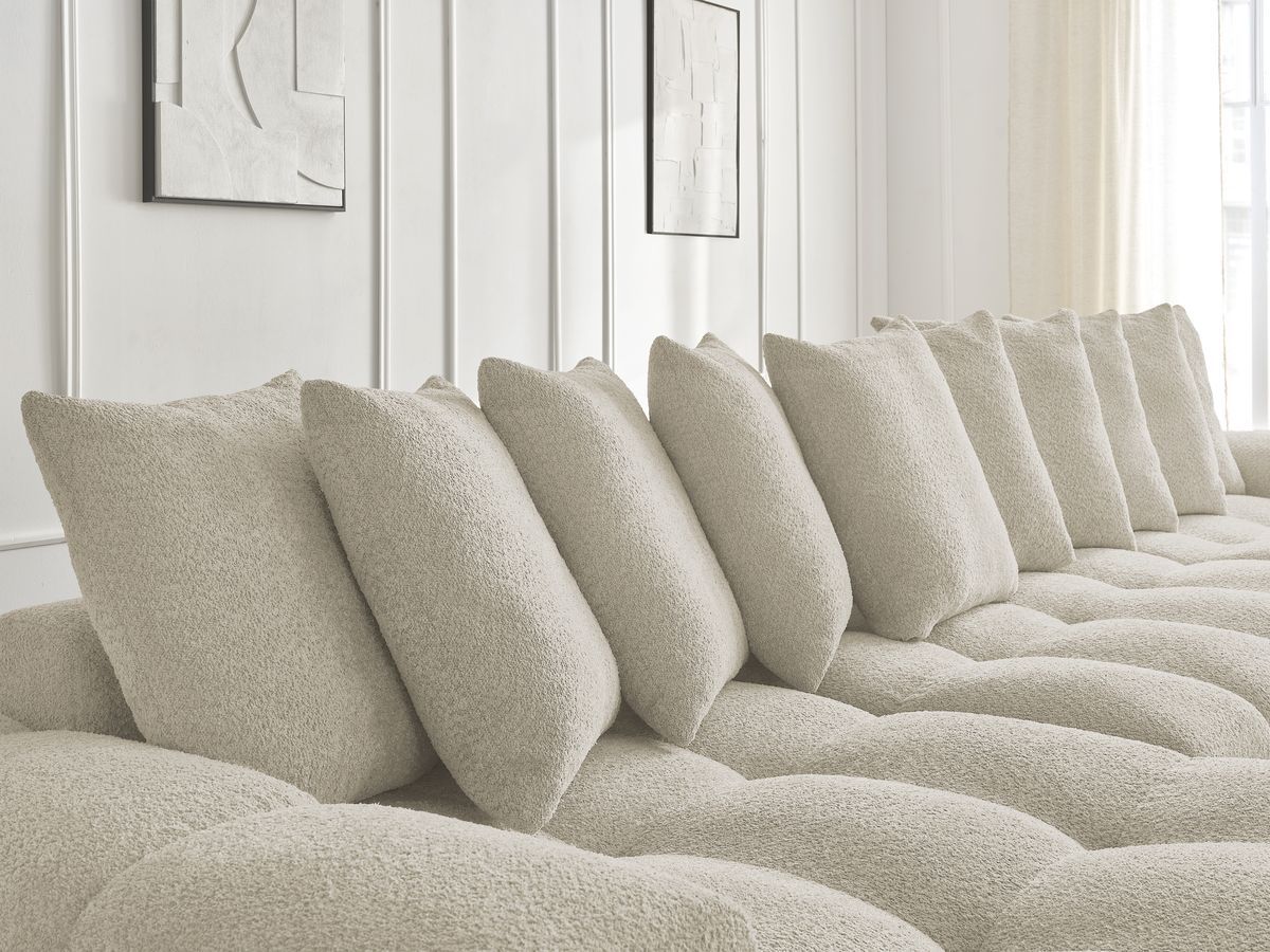 Canapé panoramique convertible coffre ANAKIN tissu bouclette avec pouf