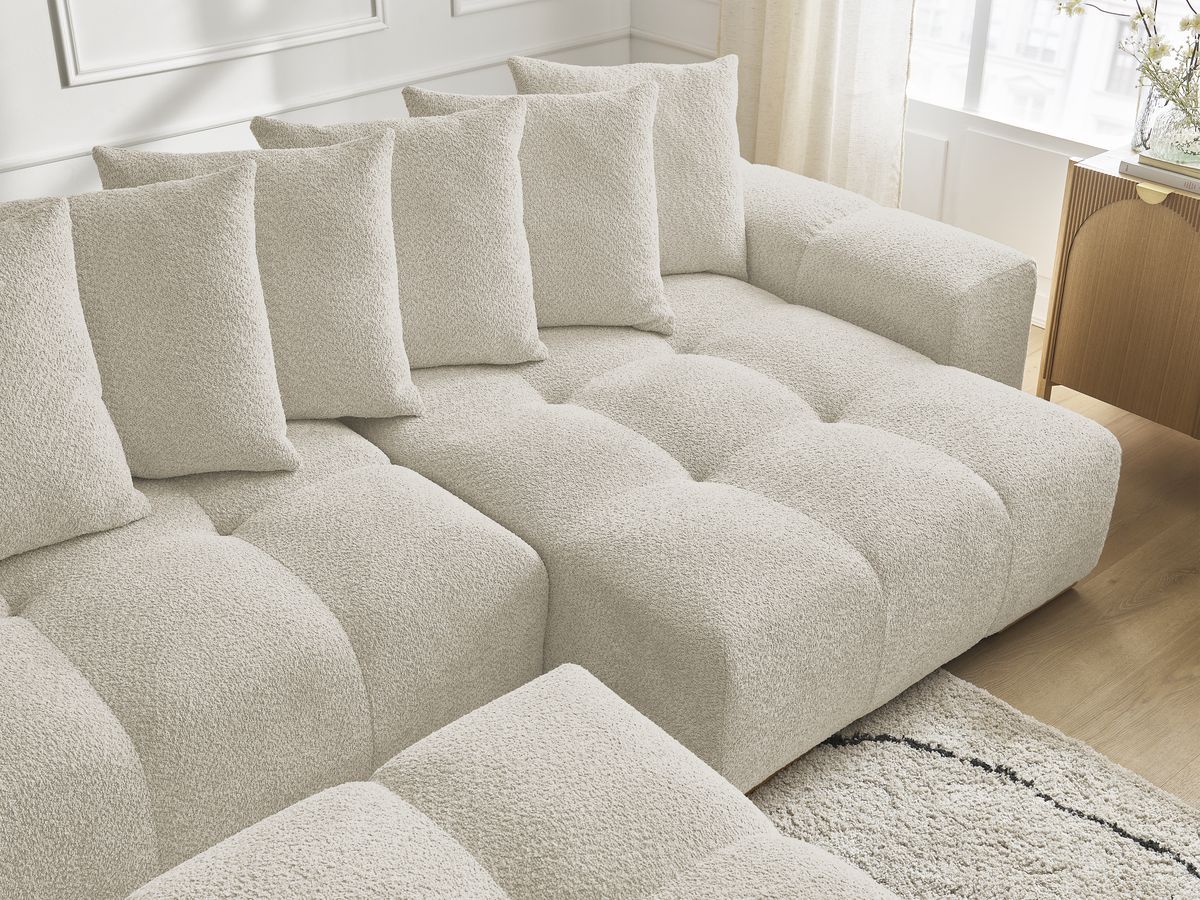 Canapé panoramique convertible coffre ANAKIN tissu bouclette avec pouf