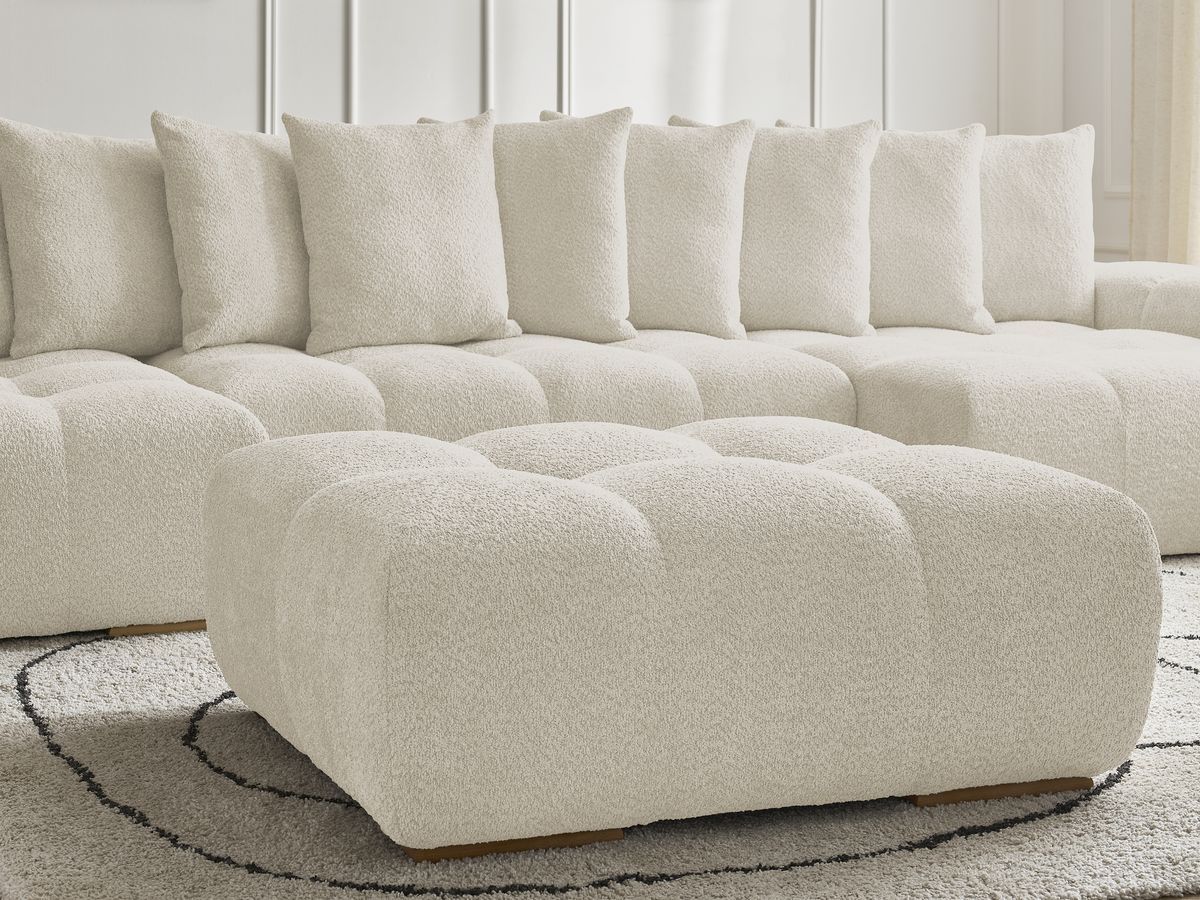 Canapé panoramique convertible coffre ANAKIN tissu bouclette avec pouf