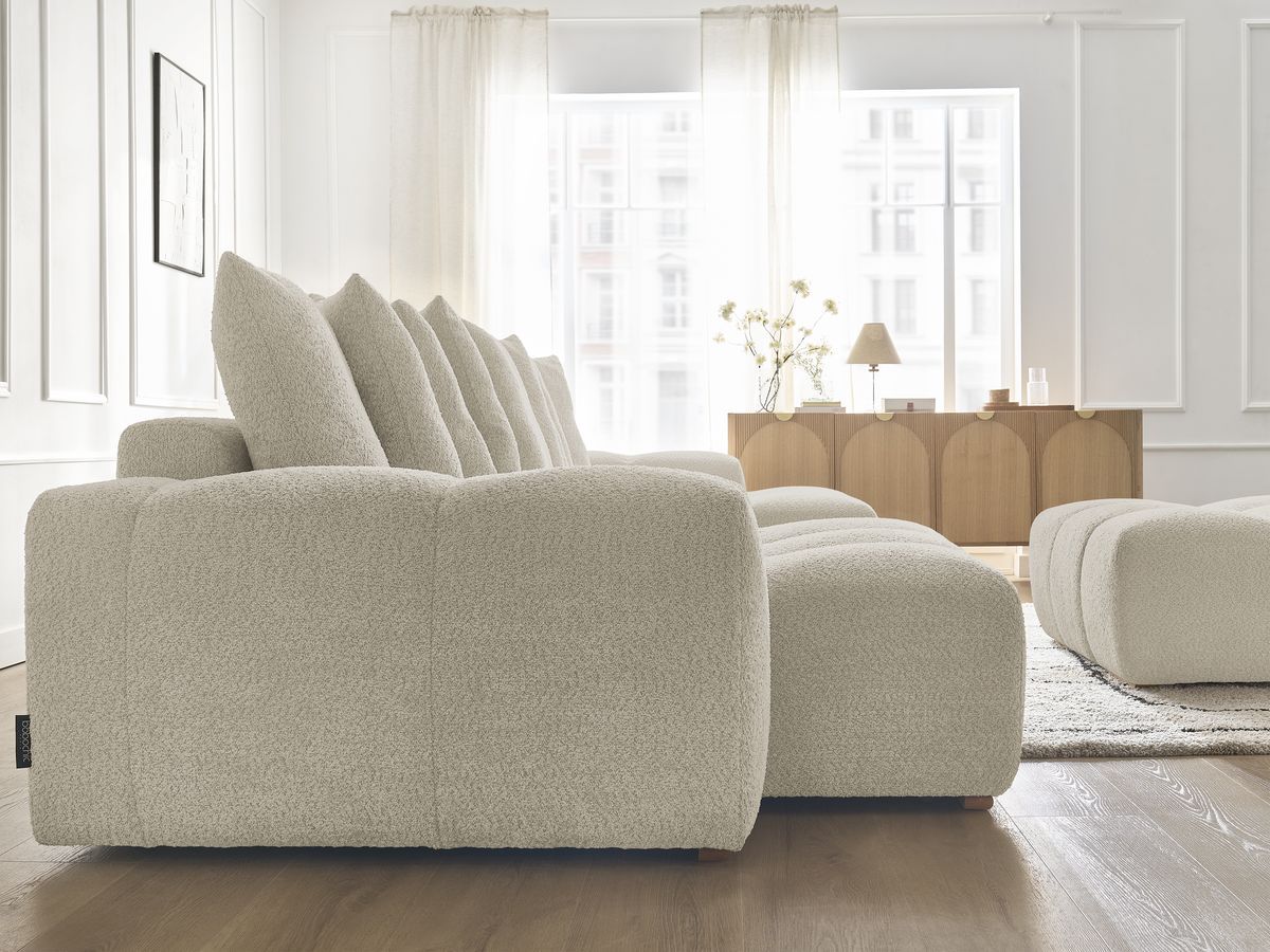 Canapé panoramique convertible coffre ANAKIN tissu bouclette avec pouf