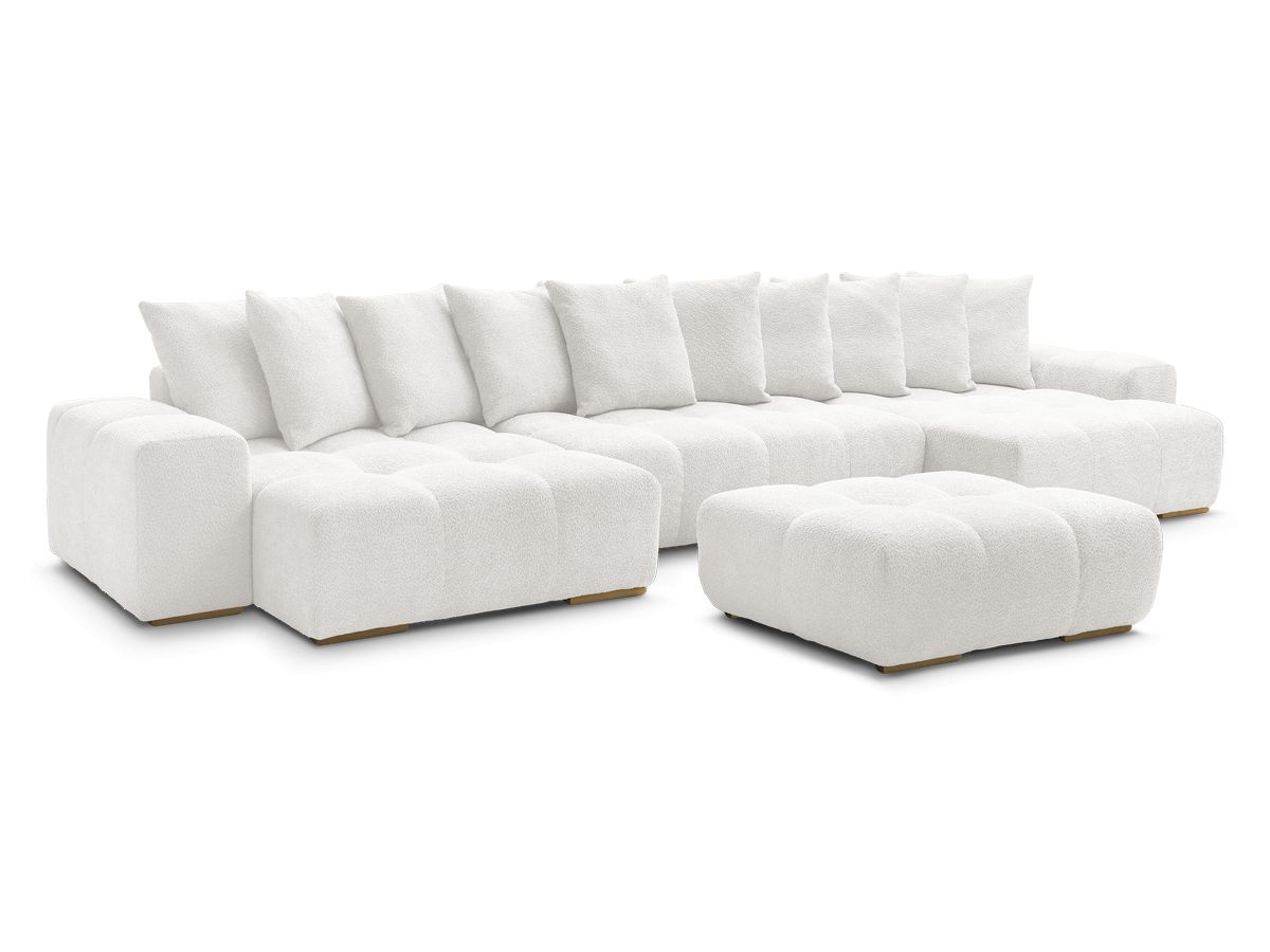 Canapé panoramique convertible coffre ANAKIN tissu bouclette avec pouf