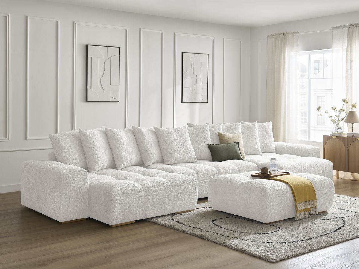 Canapé panoramique convertible coffre ANAKIN tissu bouclette avec pouf