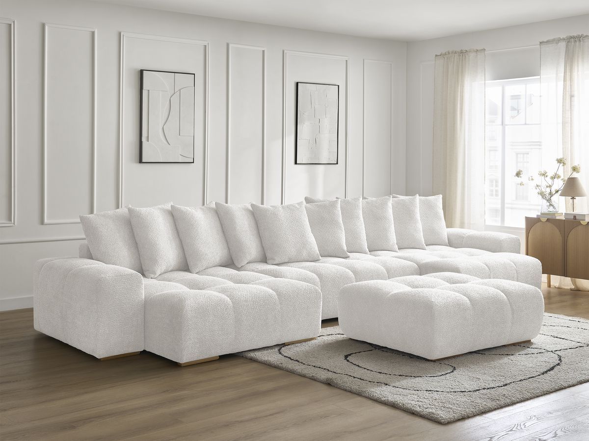 Canapé panoramique convertible coffre ANAKIN tissu bouclette avec pouf
