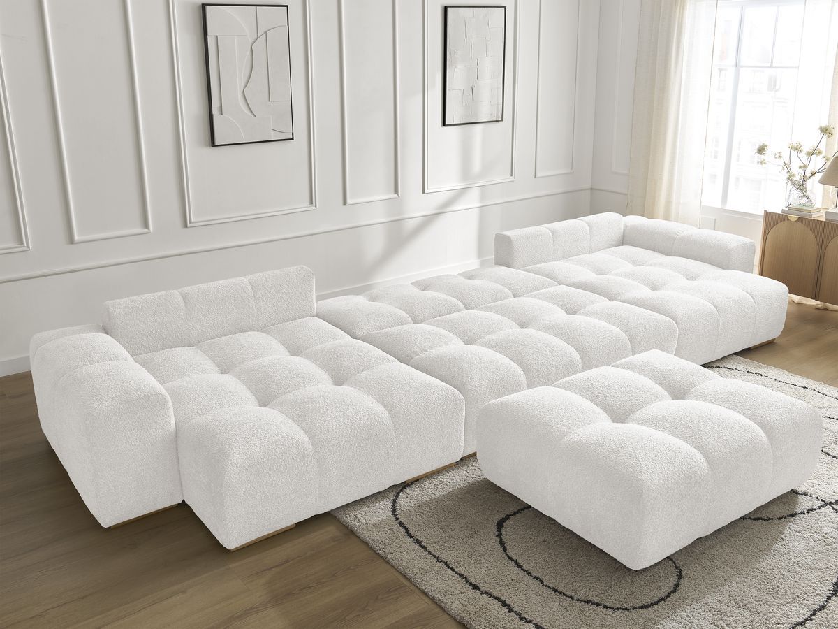 Canapé panoramique convertible coffre ANAKIN tissu bouclette avec pouf