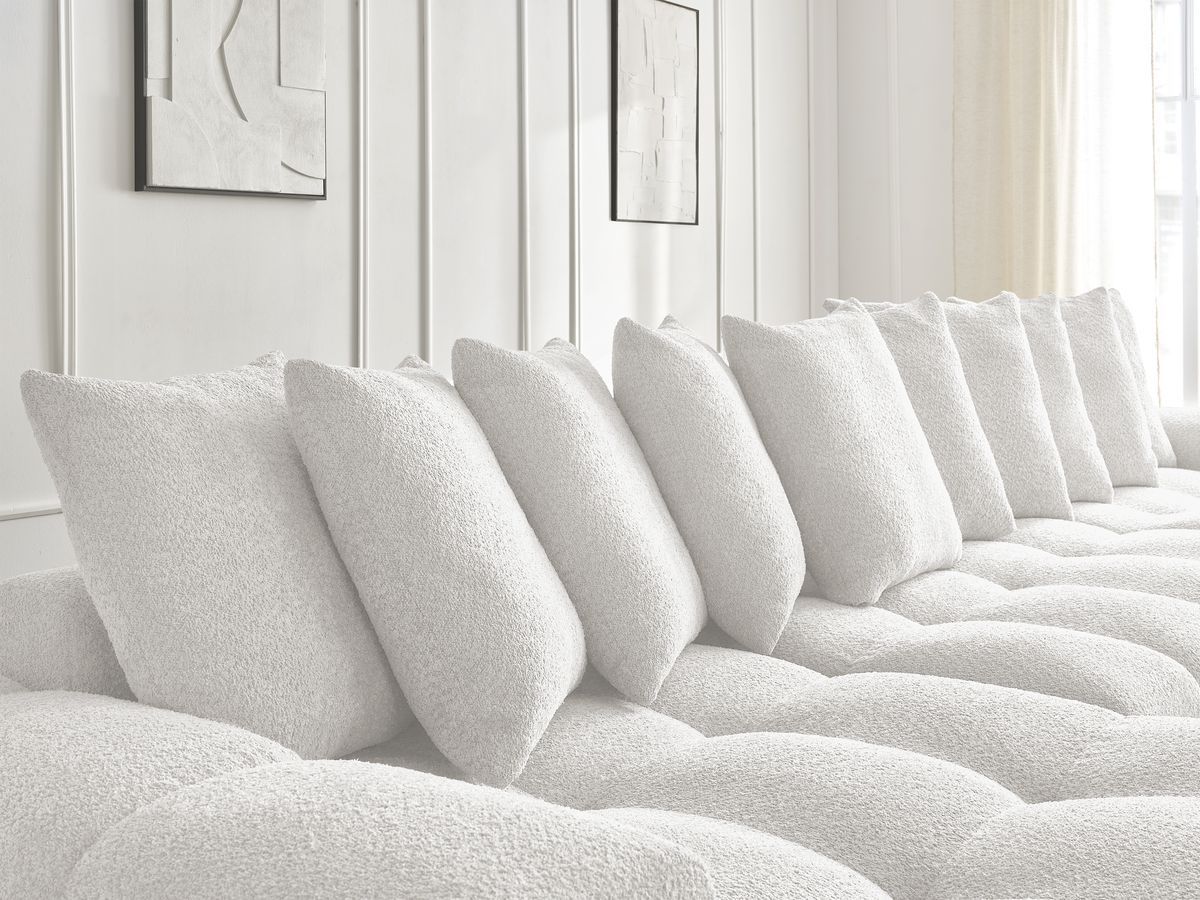 Canapé panoramique convertible coffre ANAKIN tissu bouclette avec pouf