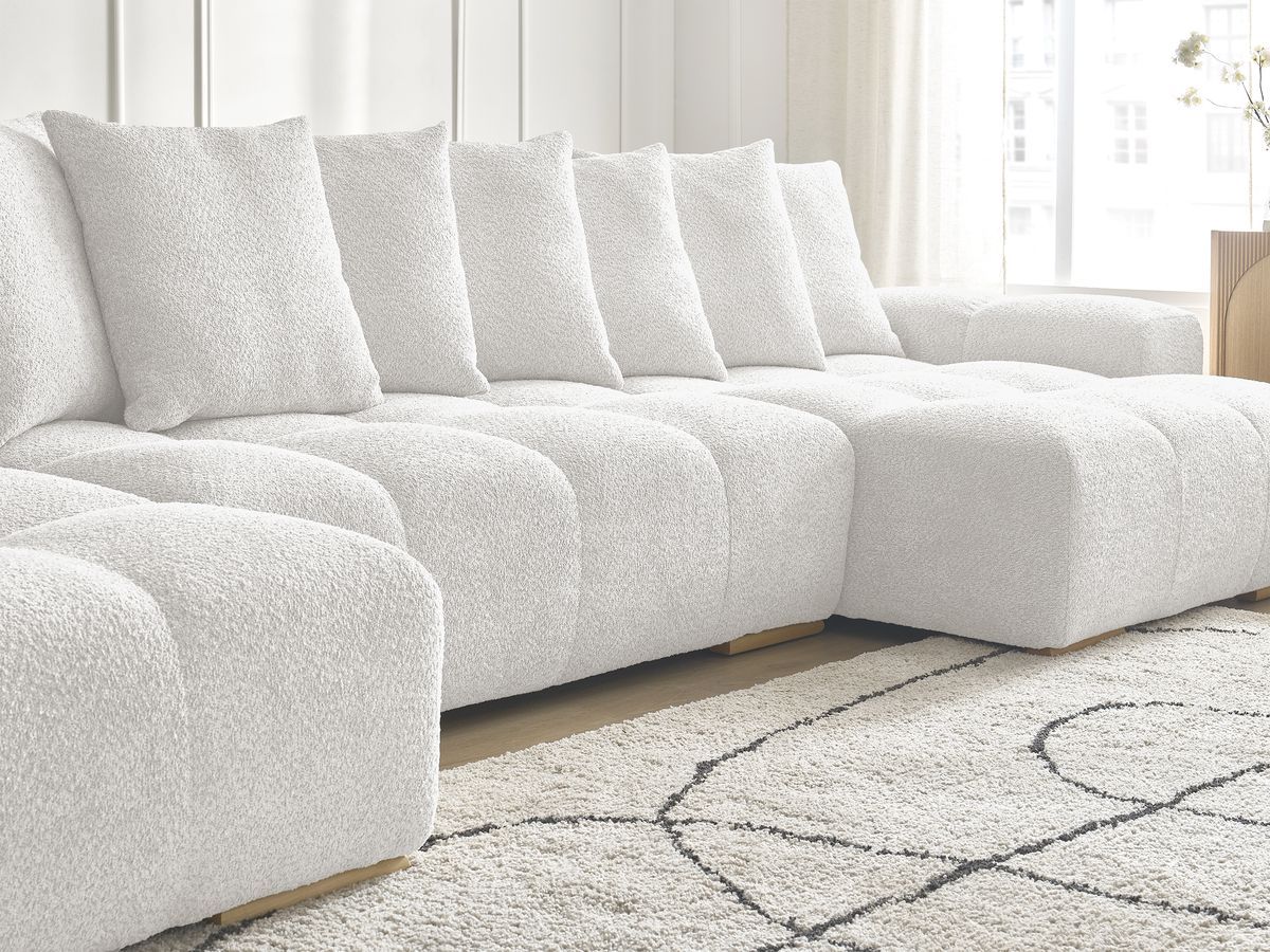 Canapé panoramique convertible coffre ANAKIN tissu bouclette avec pouf