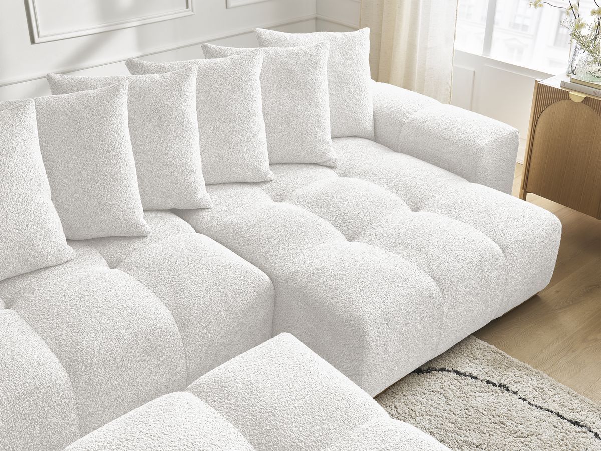 Canapé panoramique convertible coffre ANAKIN tissu bouclette avec pouf