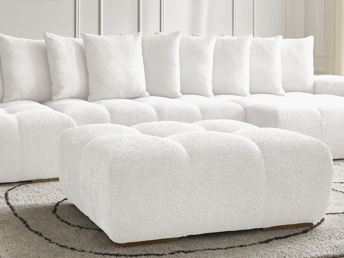 Canapé panoramique convertible coffre ANAKIN tissu bouclette avec pouf