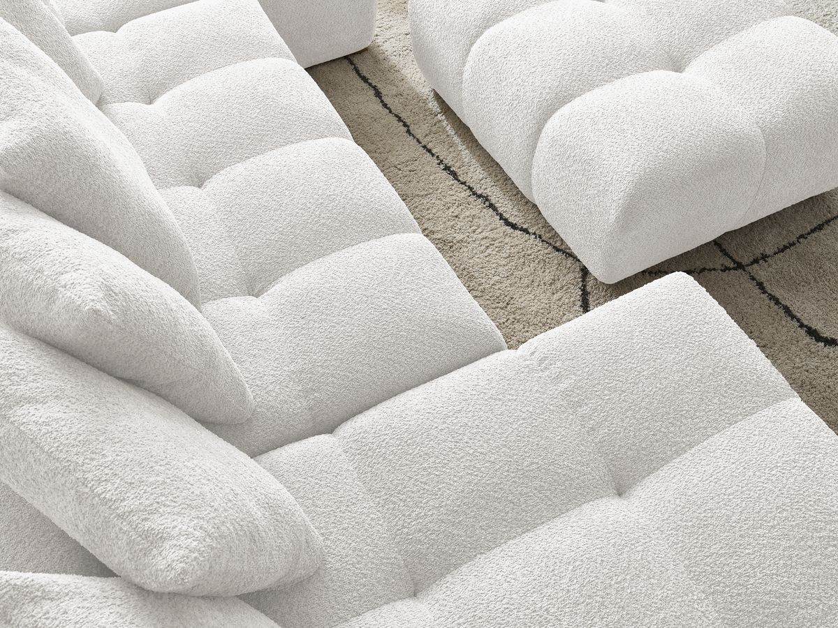 Canapé panoramique convertible coffre ANAKIN tissu bouclette avec pouf