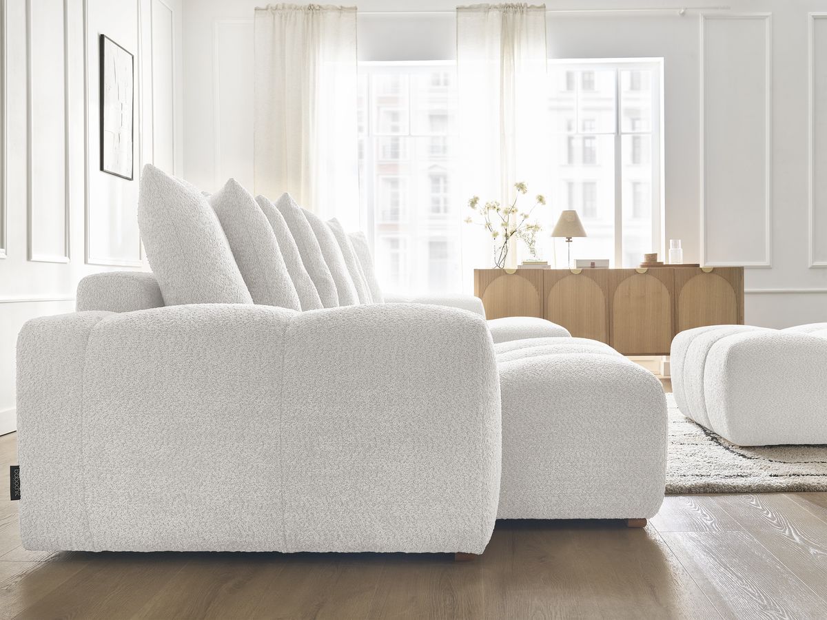 Canapé panoramique convertible coffre ANAKIN tissu bouclette avec pouf