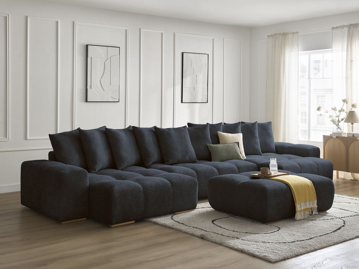 Canapé panoramique convertible coffre ANAKIN tissu bouclette avec pouf